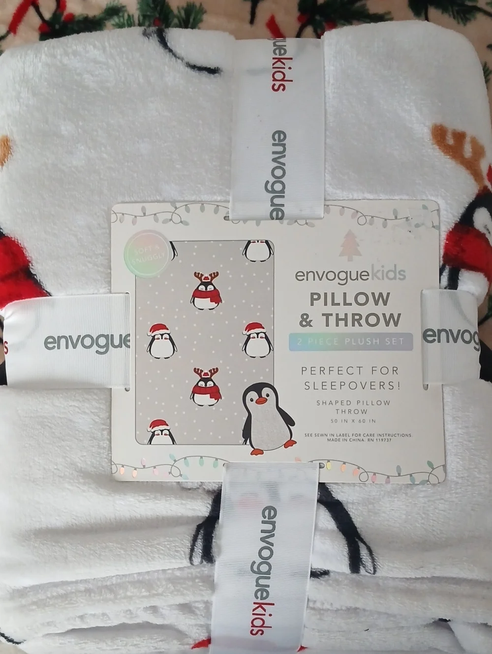 Envogue Kids White Penguin Pillow & Throw Plush Set with Red Accents
